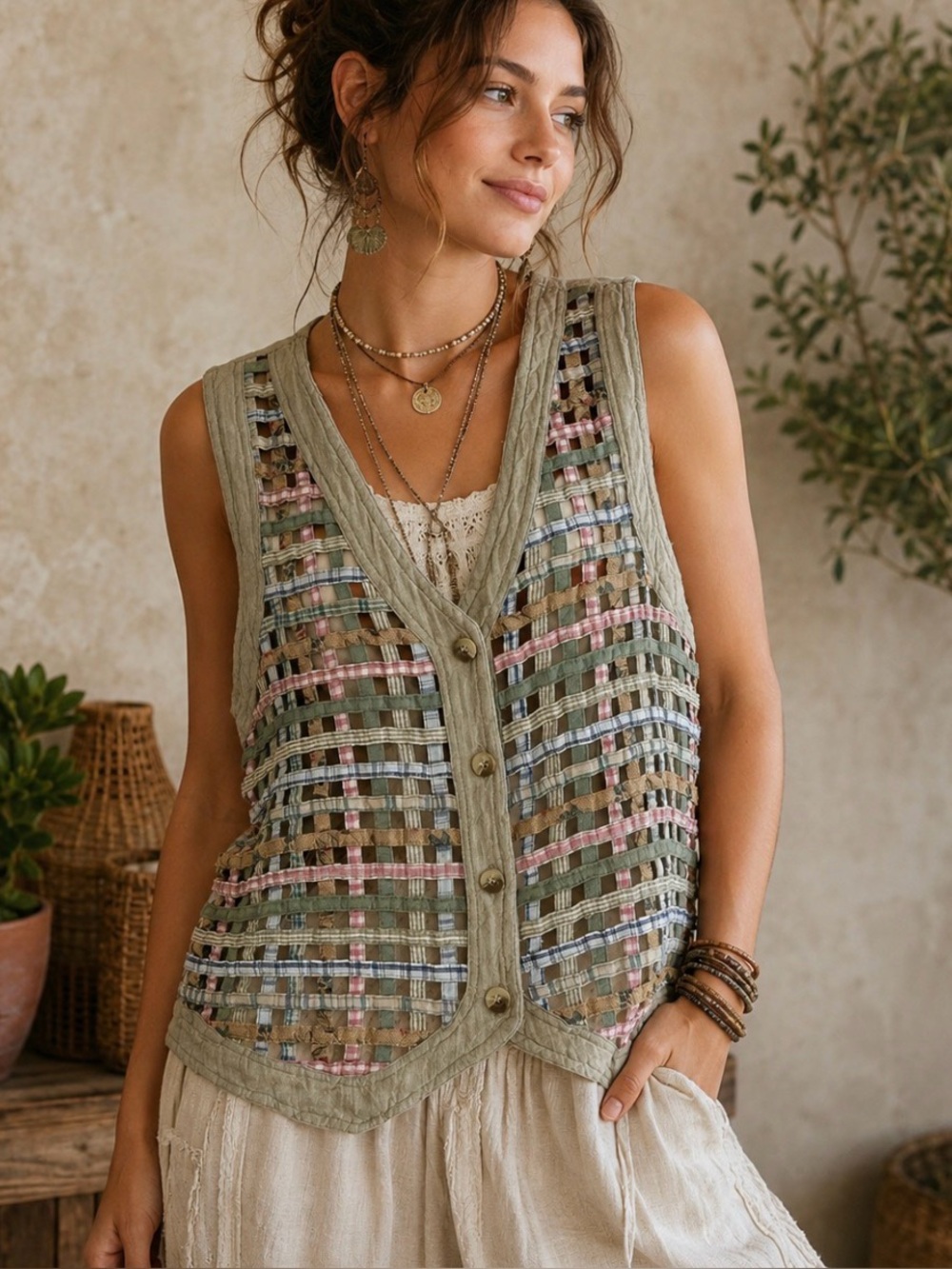 Vintage Y2K Casey & Max Patchwork Open-Weave Vest S Cottagecore Boho Lagenlook